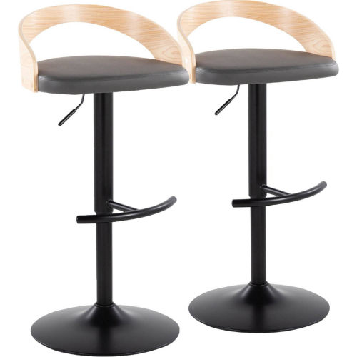 Grotto Adjustable Swivel Bar Stool in Black Metal, Natural Wood & Grey Leatherette (Set of 2)